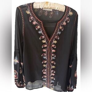 Love Sam By Anthropologie Embroidered Sheer Blouse Black Floral Keyhole Small